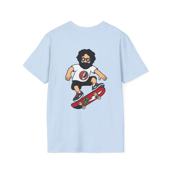 Two-sided print T-shirt in light blue with skateboard character graphic on front