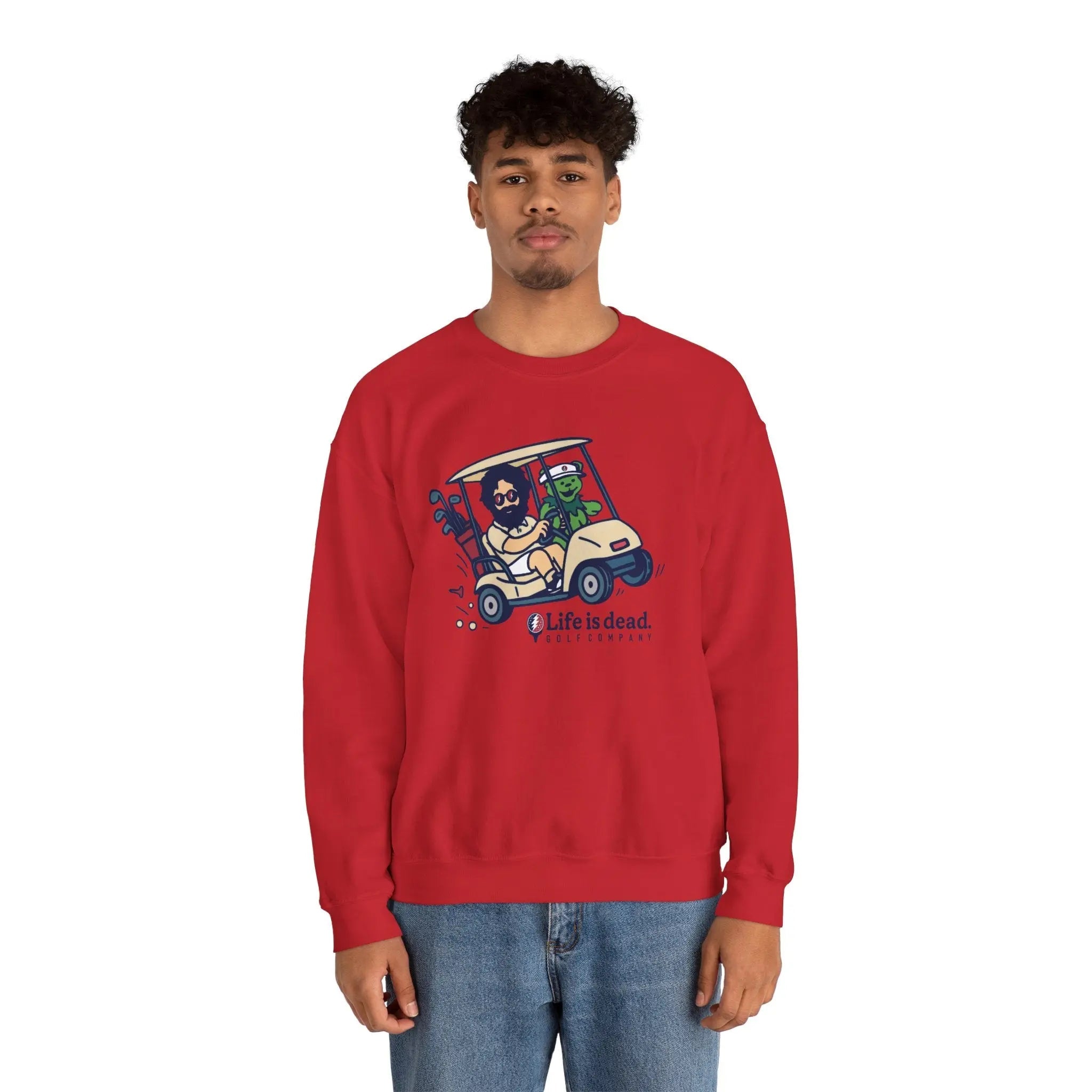 Red crewneck sweatshirt with cartoon car-and-characters graphic on chest