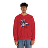Red crewneck sweatshirt with cartoon car-and-characters graphic on chest