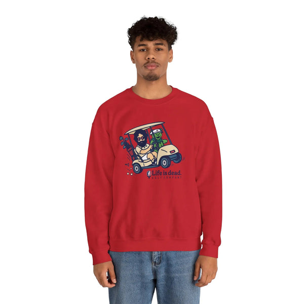 Red crewneck sweatshirt with cartoon car-and-characters graphic on chest