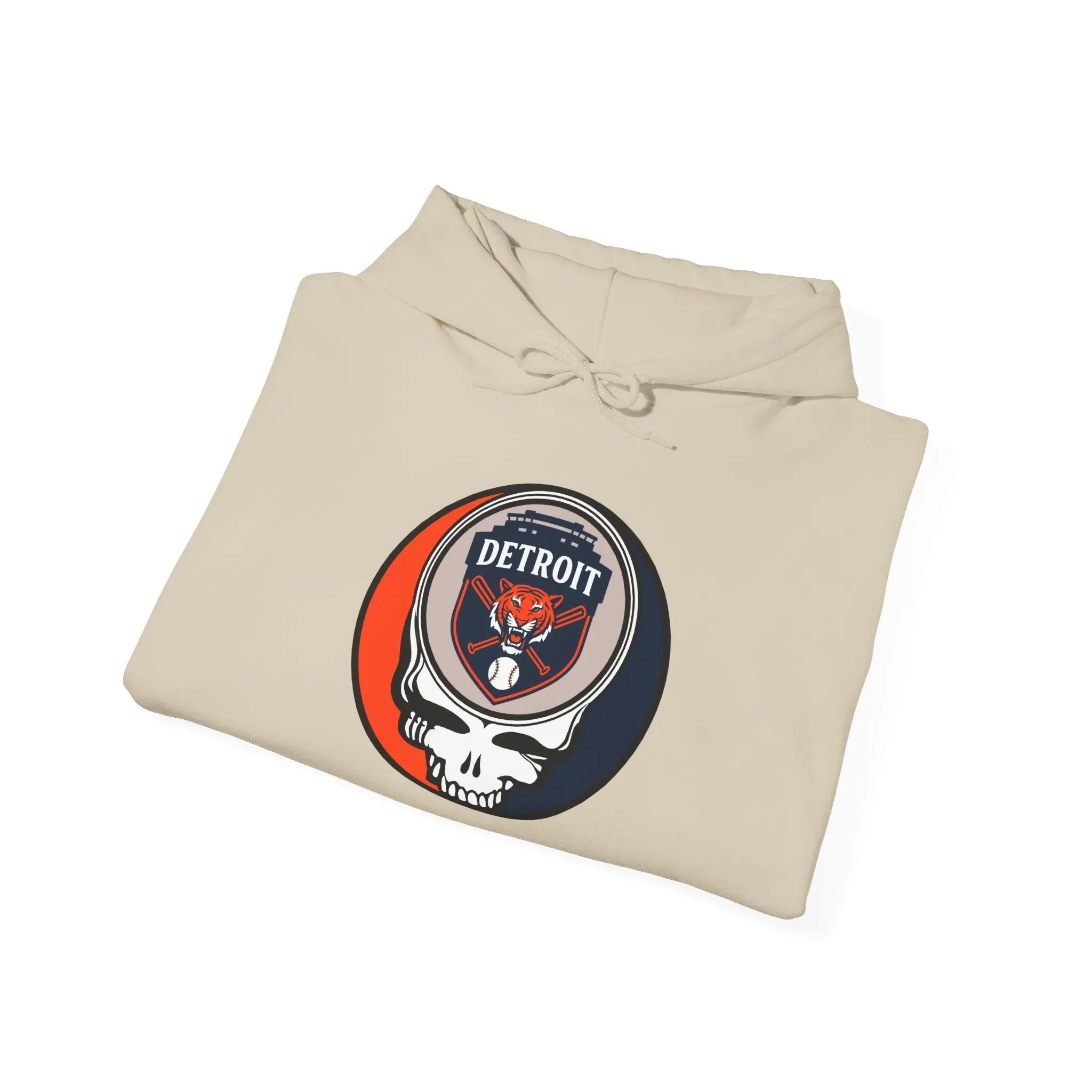 Sand beige pullover hoodie with Detroit logo graphic, folded view