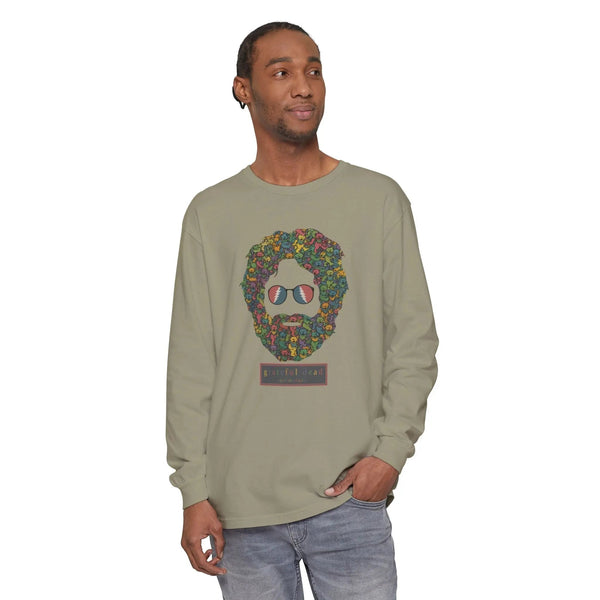 Men's long-sleeve T-shirt in olive with colorful bearded face graphic at center