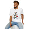 White crewneck T-shirt with cartoon skateboarding graphic on chest.