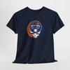 Dark navy T-shirt with circular New York Mets logo skull graphic on chest