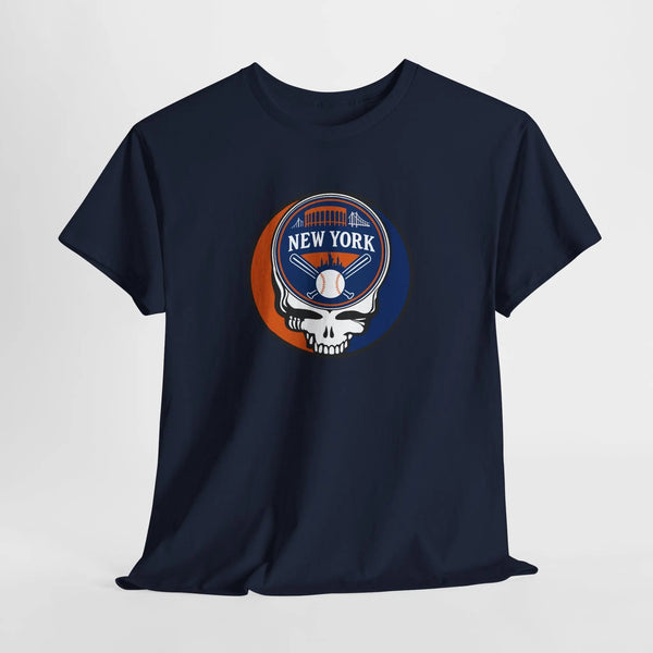 Dark navy T-shirt with circular New York Mets logo skull graphic on chest
