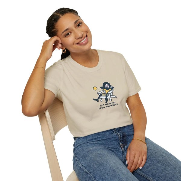 Sand crew-neck T-shirt with chest cartoon “NOT WORKING FROM ANYWHERE” graphic