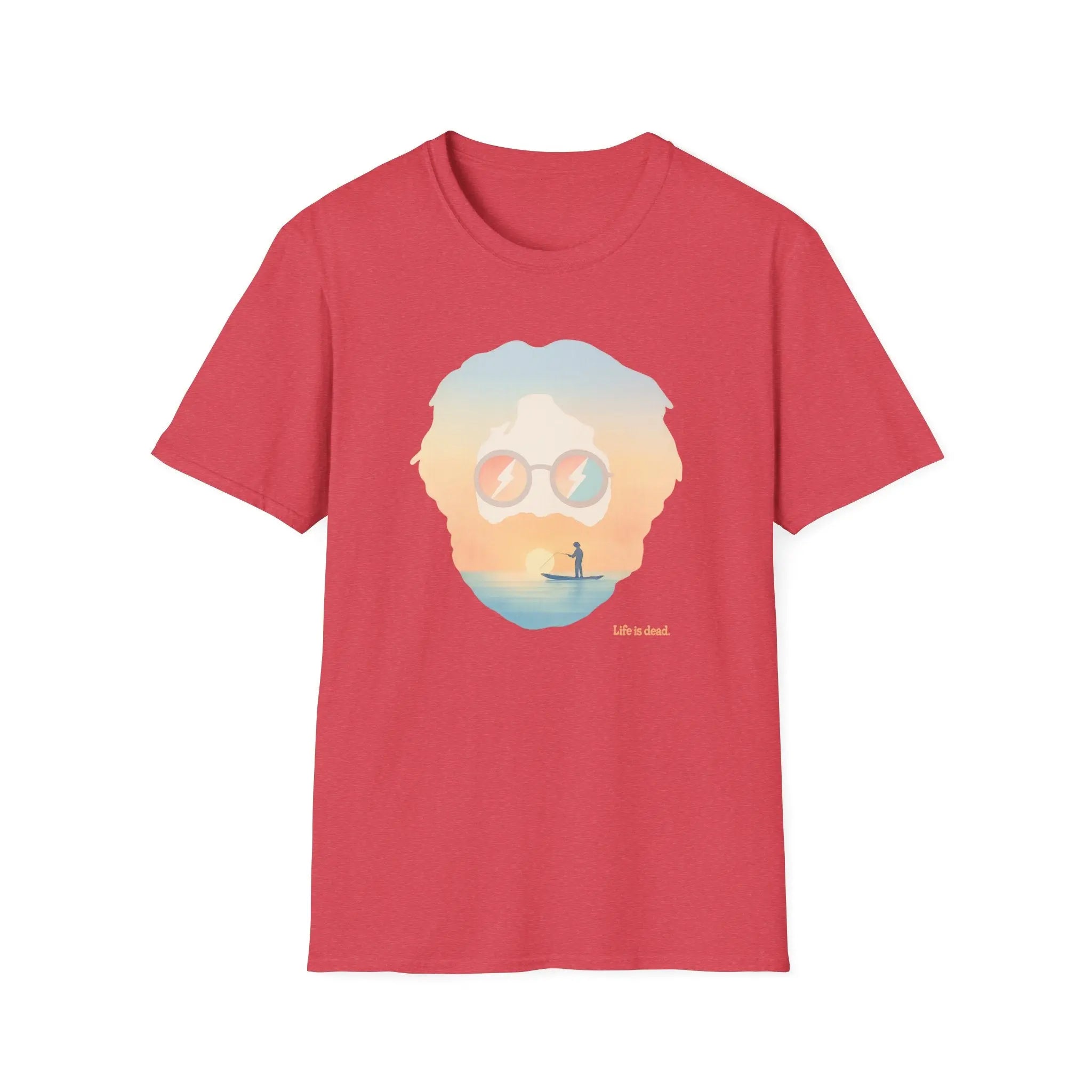 Red crew-neck graphic T-shirt with portrait sunglasses and sunset beach scene print