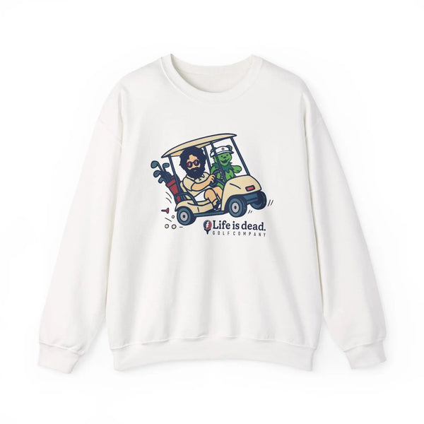 White crewneck sweatshirt with centered front graphic, long sleeves