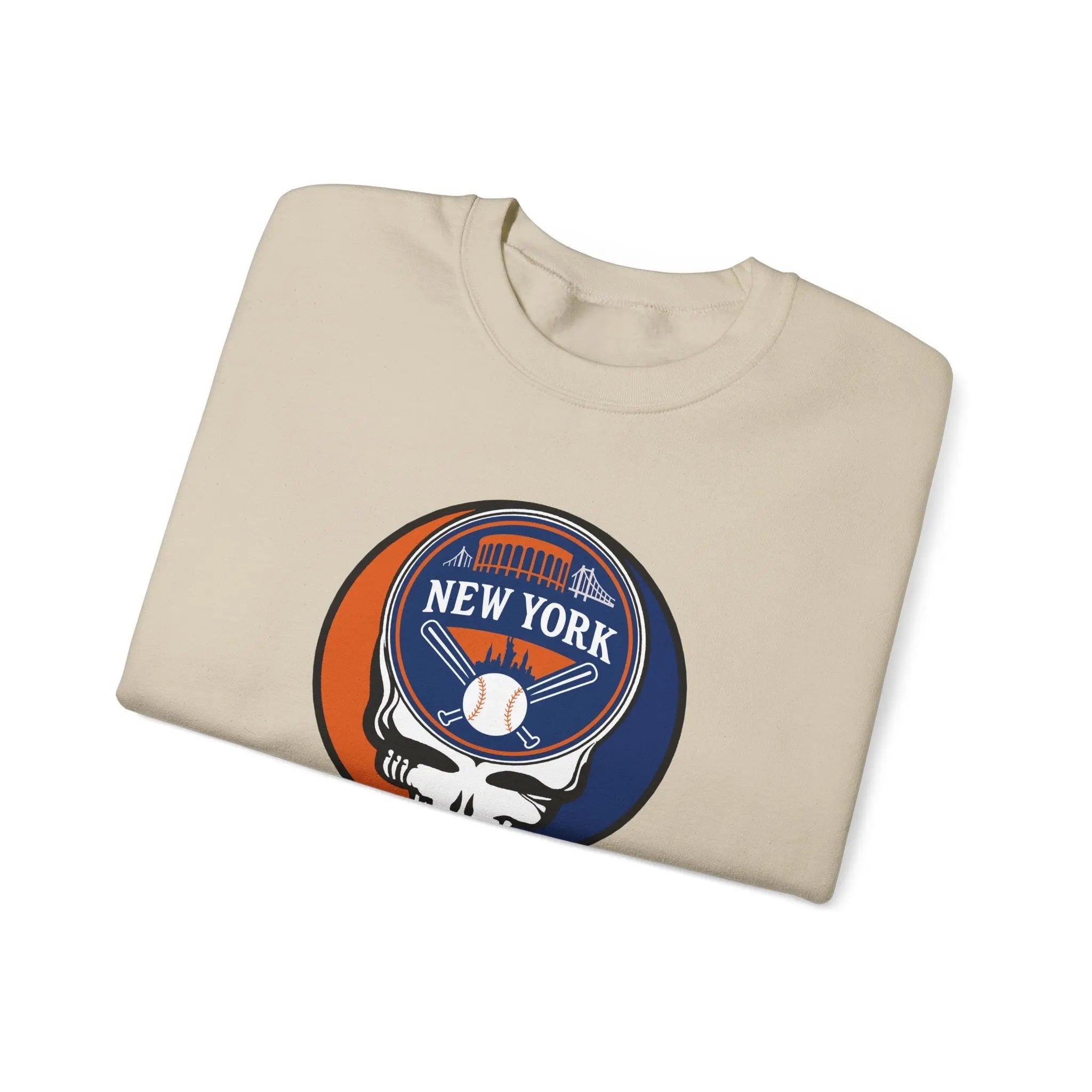 Sand crewneck sweatshirt with circular New York graphic logo on the front.