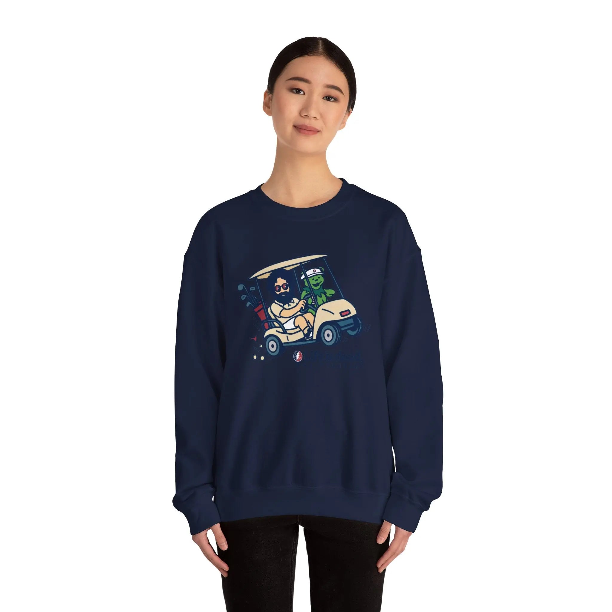 Navy crewneck sweatshirt with colorful cartoon vehicle graphic on chest
