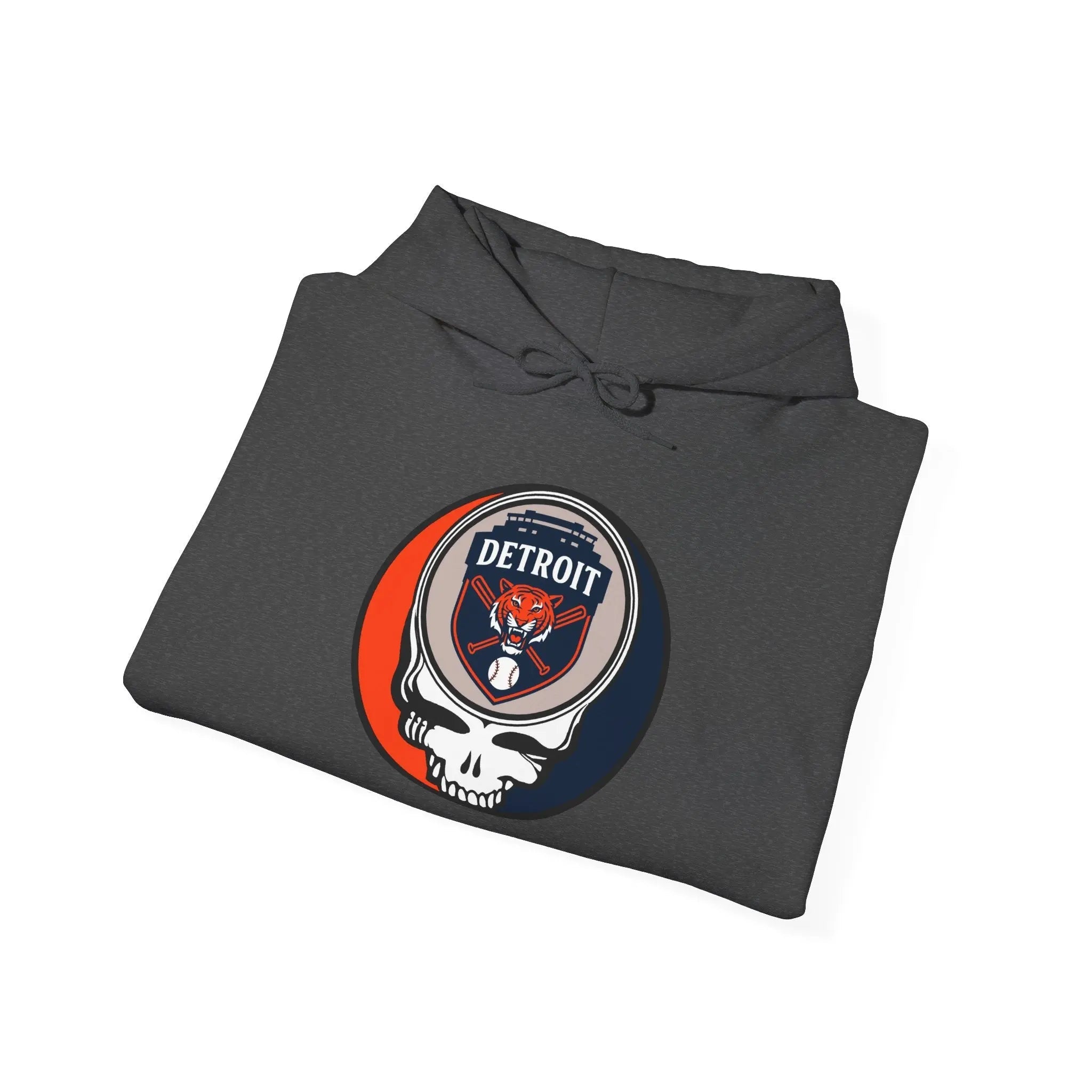 Charcoal pullover hoodie with Detroit logo graphic, folded view