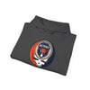 Charcoal pullover hoodie with Detroit logo graphic, folded view