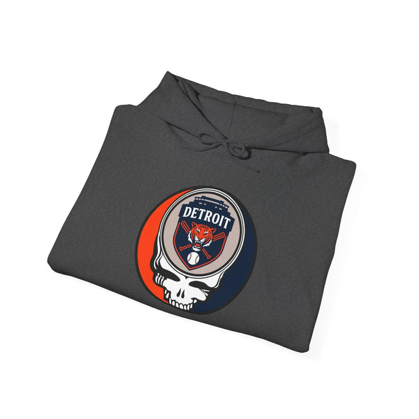 Charcoal pullover hoodie with Detroit logo graphic, folded view