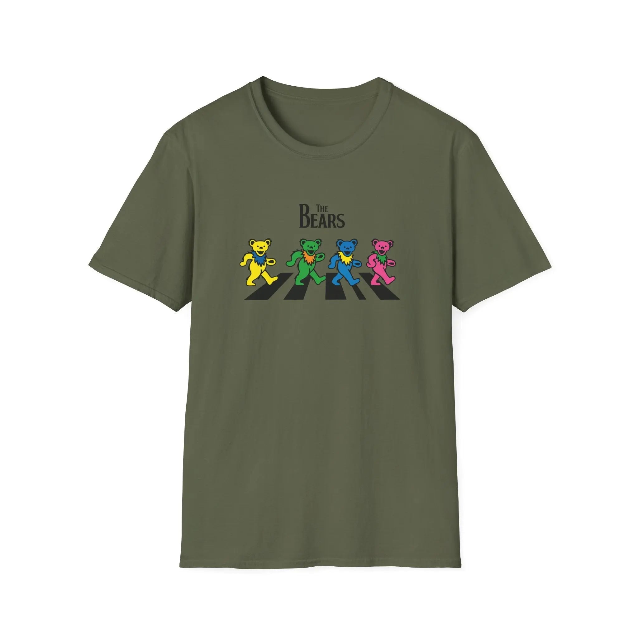 Military green graphic T-shirt with “The Bears” text and four cartoon bear characters