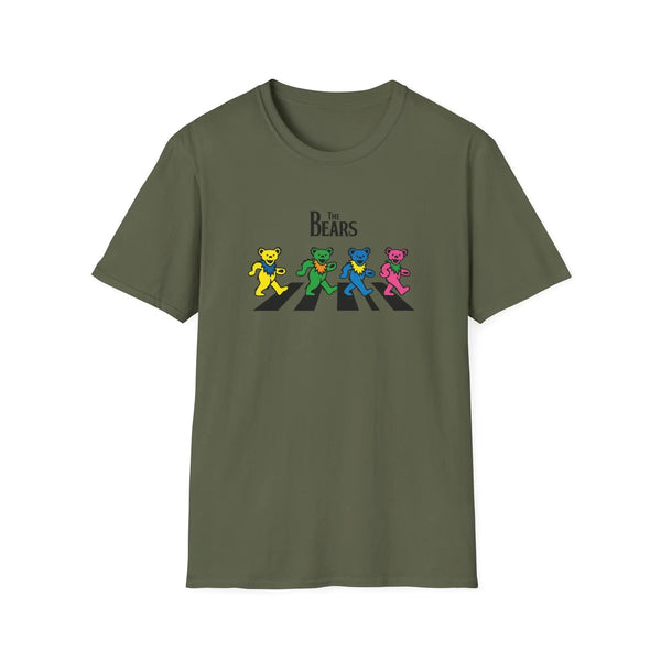 Military green graphic T-shirt with “The Bears” text and four cartoon bear characters