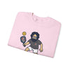 Light pink crewneck sweatshirt, flat lay, with cartoon character graphic and 'Life is dead.'