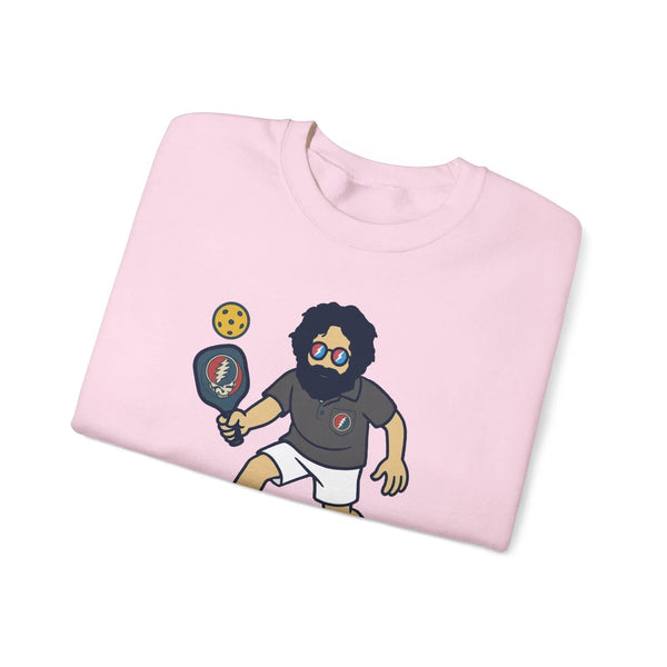 Light pink crewneck sweatshirt, flat lay, with cartoon character graphic and 'Life is dead.'