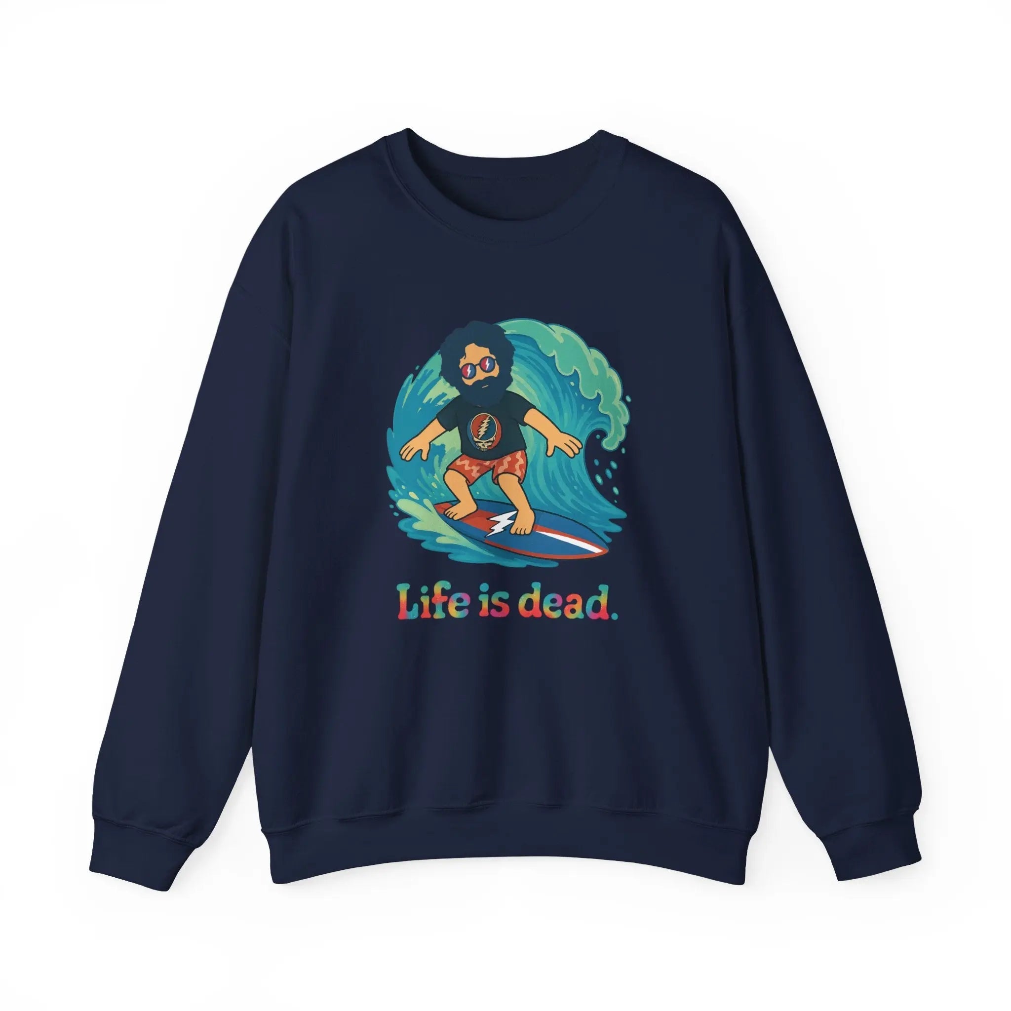 Navy crewneck sweatshirt with surfing character graphic and Life is dead. text