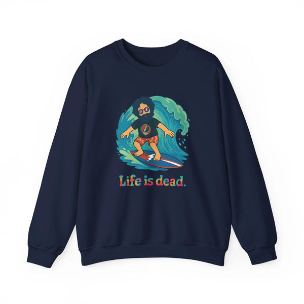Navy crewneck sweatshirt with surfing character graphic and Life is dead. text