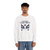 White crewneck sweatshirt with blue bus graphic