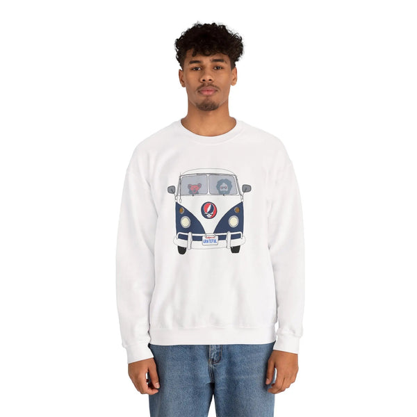 White crewneck sweatshirt with blue bus graphic