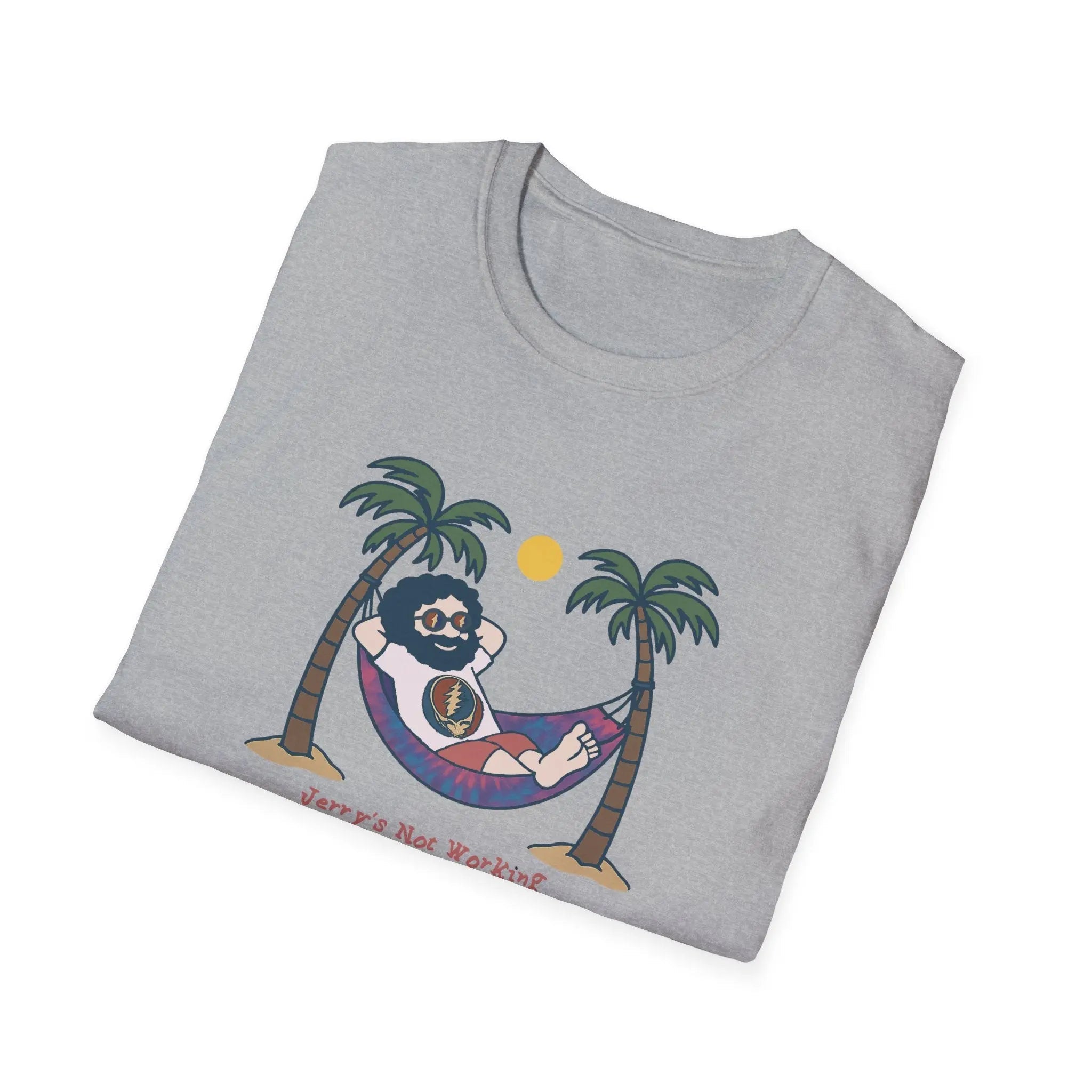 Sport gray crewneck T-shirt with sloth hammock graphic and palm trees