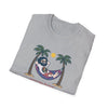 Sport gray crewneck T-shirt with sloth hammock graphic and palm trees