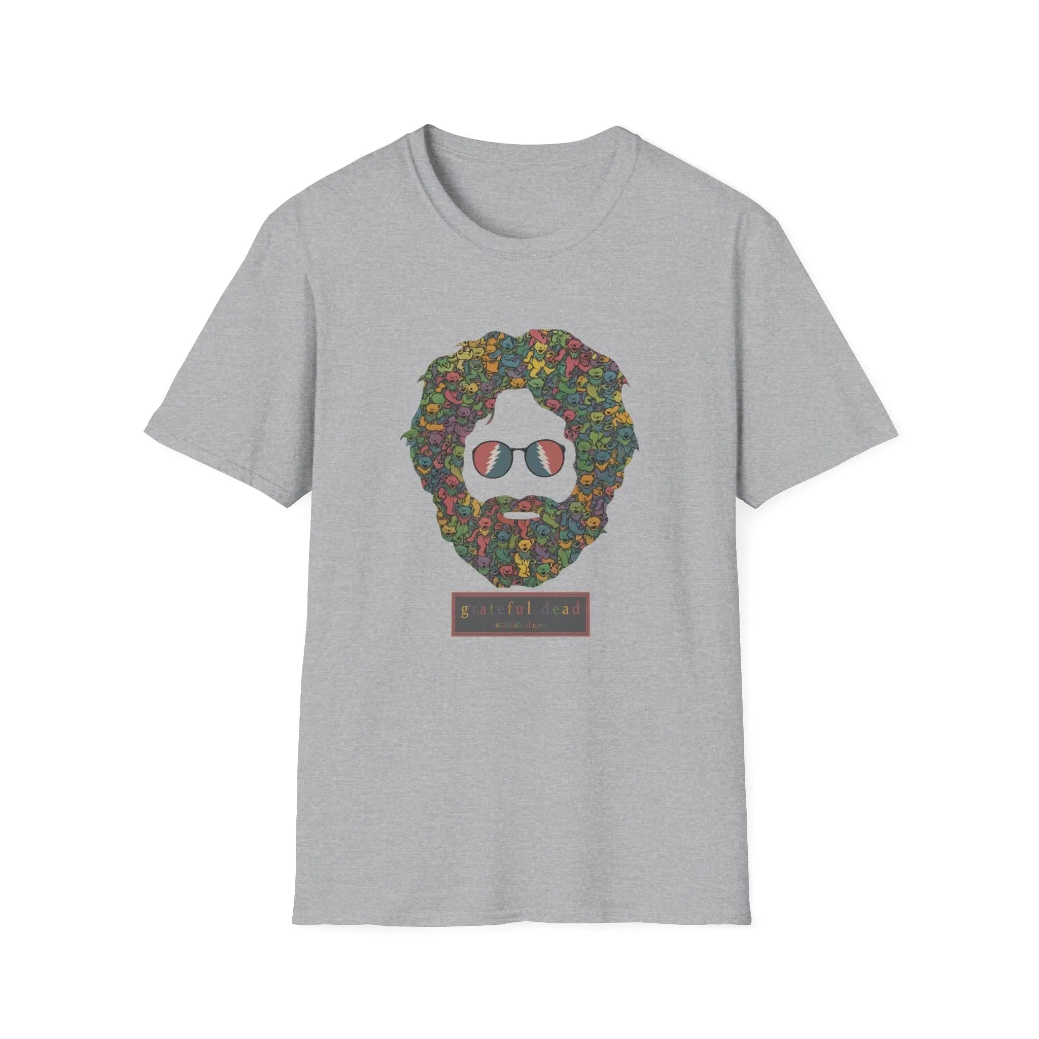 Gray T-shirt with colorful dancing bears face graphic on the chest.