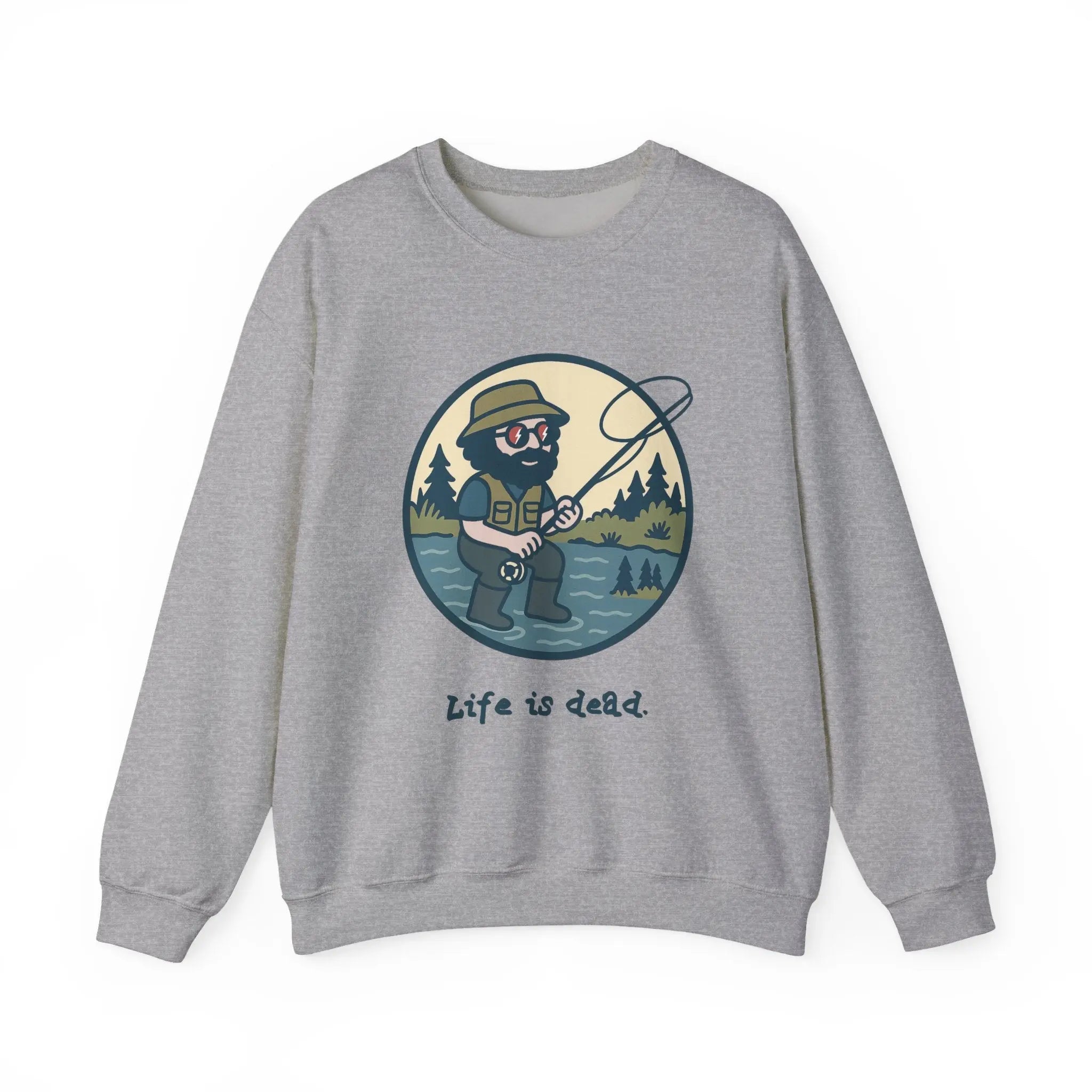 Light gray crewneck sweatshirt with cartoon fly-fishing graphic on chest