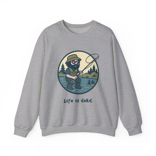 Light gray crewneck sweatshirt with cartoon fly-fishing graphic on chest