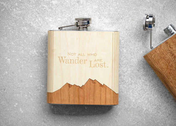 Not All Who Wander Are Lost - Wooden Hip Flask For the Bar Autumn Woods