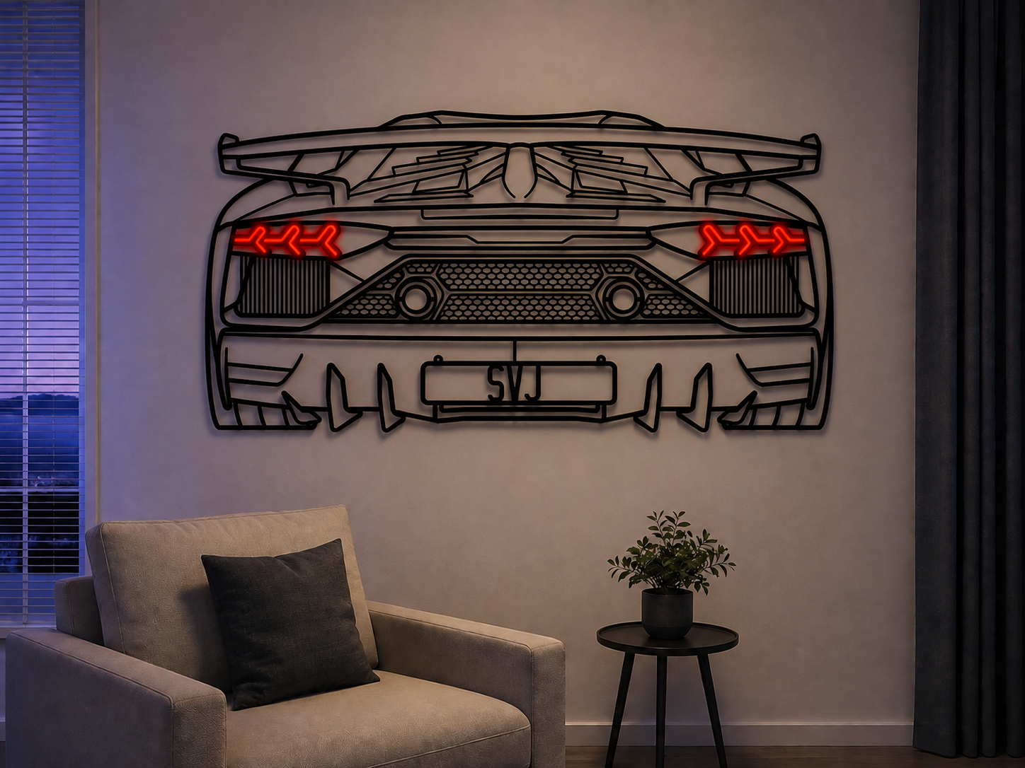 Metal neon car wall art with red LED grille lines and a central SVJ license plate