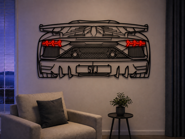 Metal neon car wall art with red LED grille lines and a central SVJ license plate