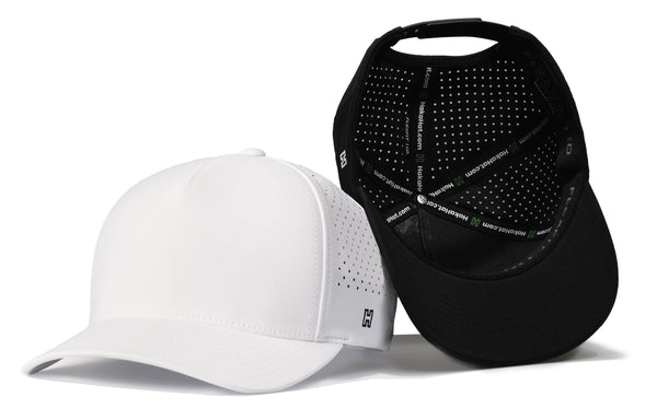 White and black 5-panel performance snapback hats shown side by side with curved brims