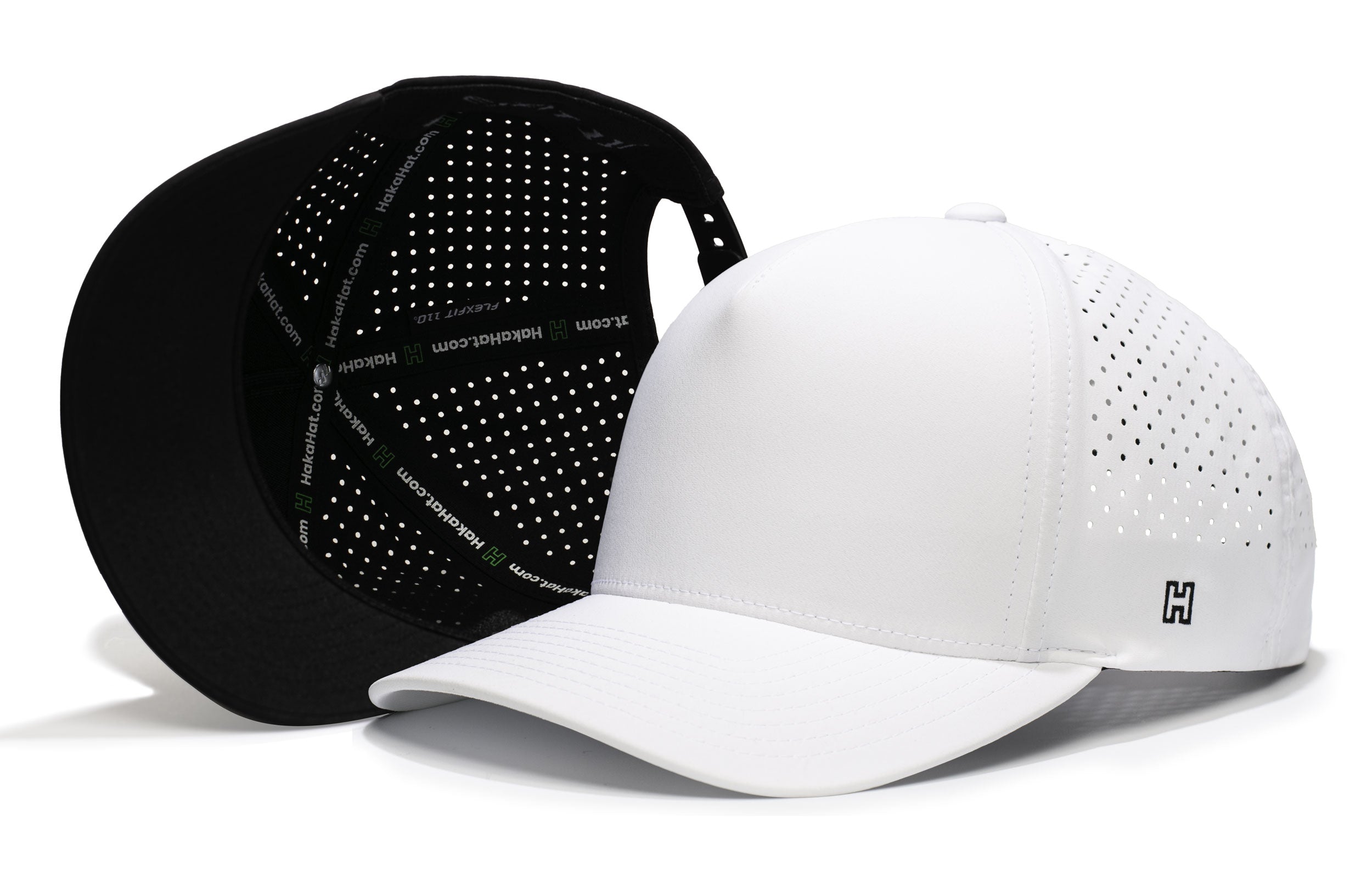 White 5-panel snapback hat with perforated side; black cap shown with mesh-like back