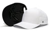 White 5-panel snapback hat with perforated side; black cap shown with mesh-like back