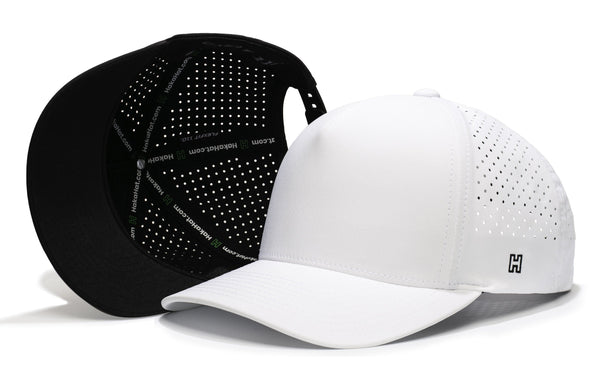 Black cap interior and white front 5-panel performance caps with perforated sides and H logo