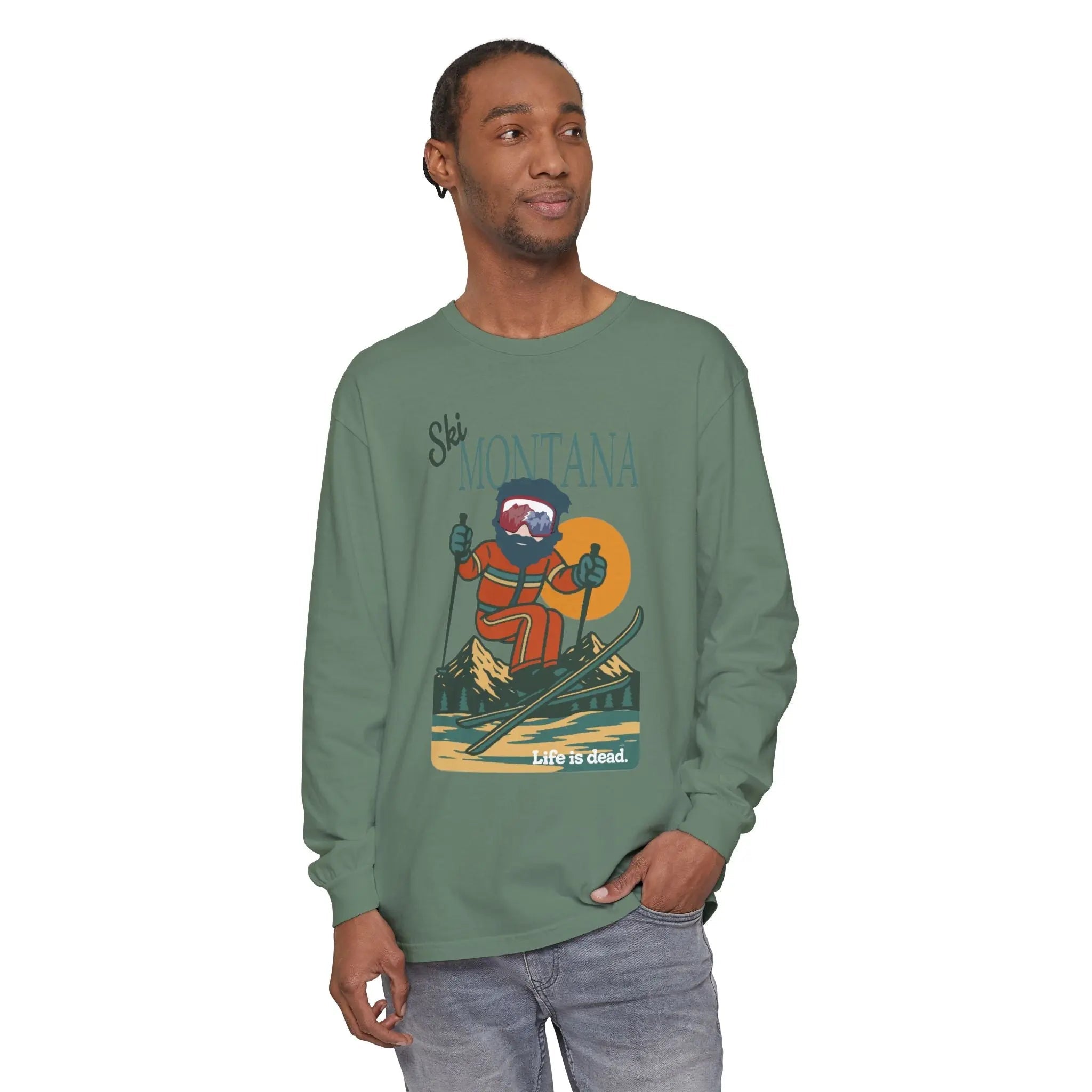 Green long-sleeve T-shirt with Ski Montana skier graphic, crew neck.
