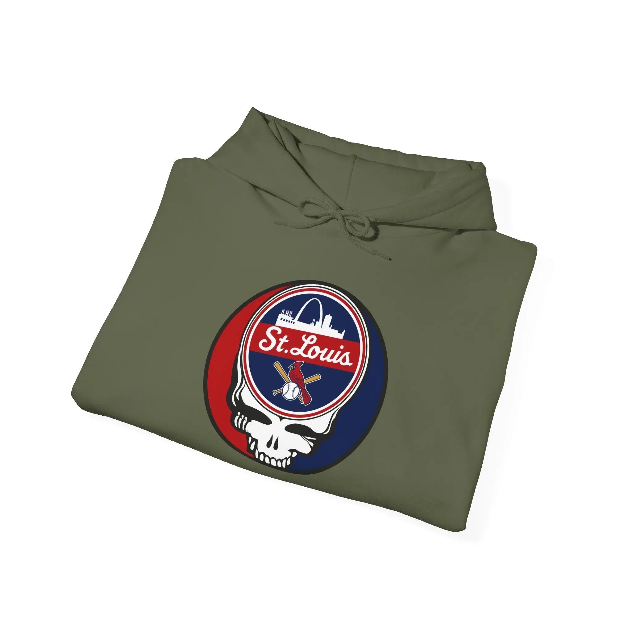 Military green folded pullover hoodie with front pouch pocket and drawstring, Cardinals logo patch