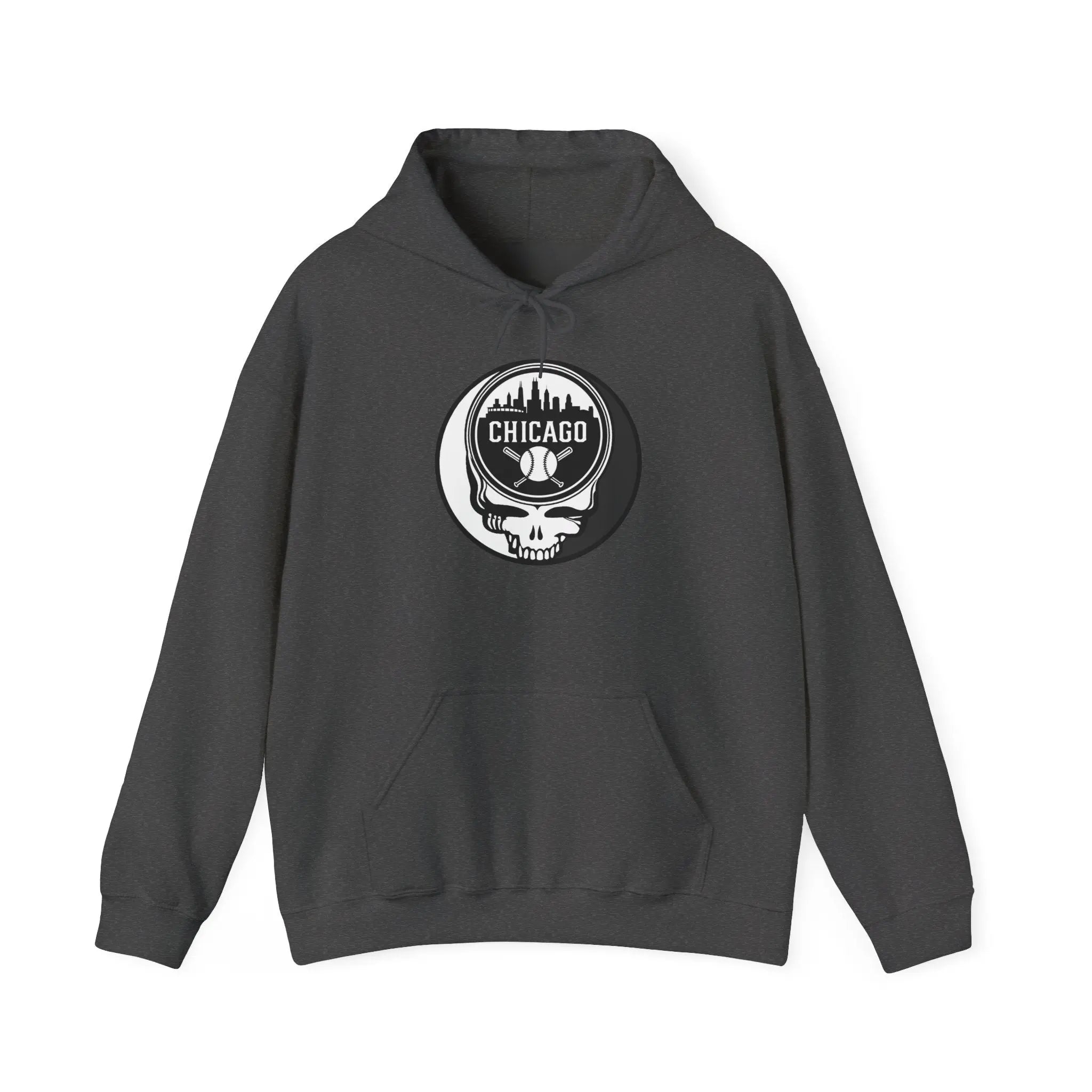 Dark gray hoodie with drawstring hood, front pouch pocket, and Chicago Stealie circular logo
