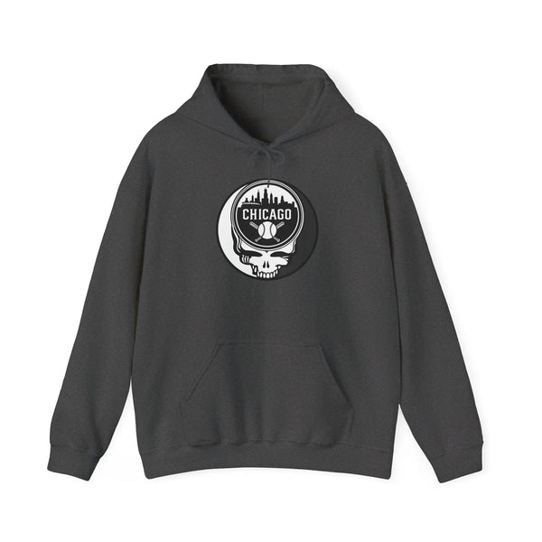 Dark gray hoodie with drawstring hood, front pouch pocket, and Chicago Stealie circular logo