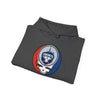Charcoal gray hoodie with stacked-fold look, drawstring hood, Toronto logo emblem