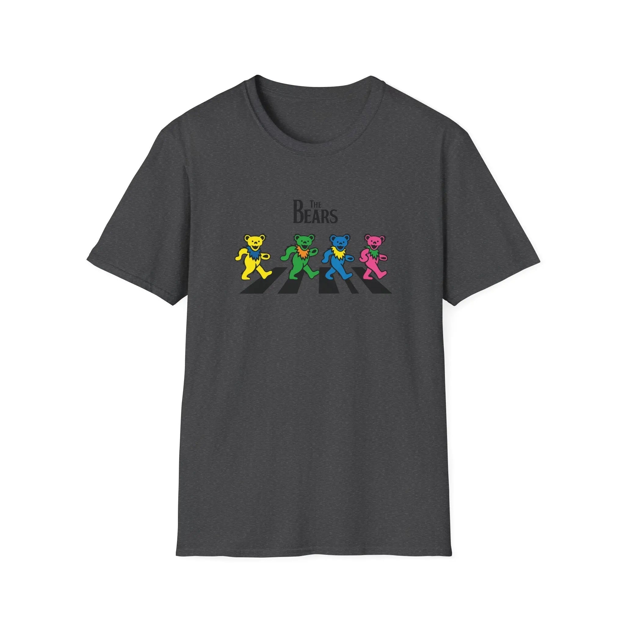 Charcoal dark graphic T-shirt with “The Bears” text and four colorful cartoon bear figures
