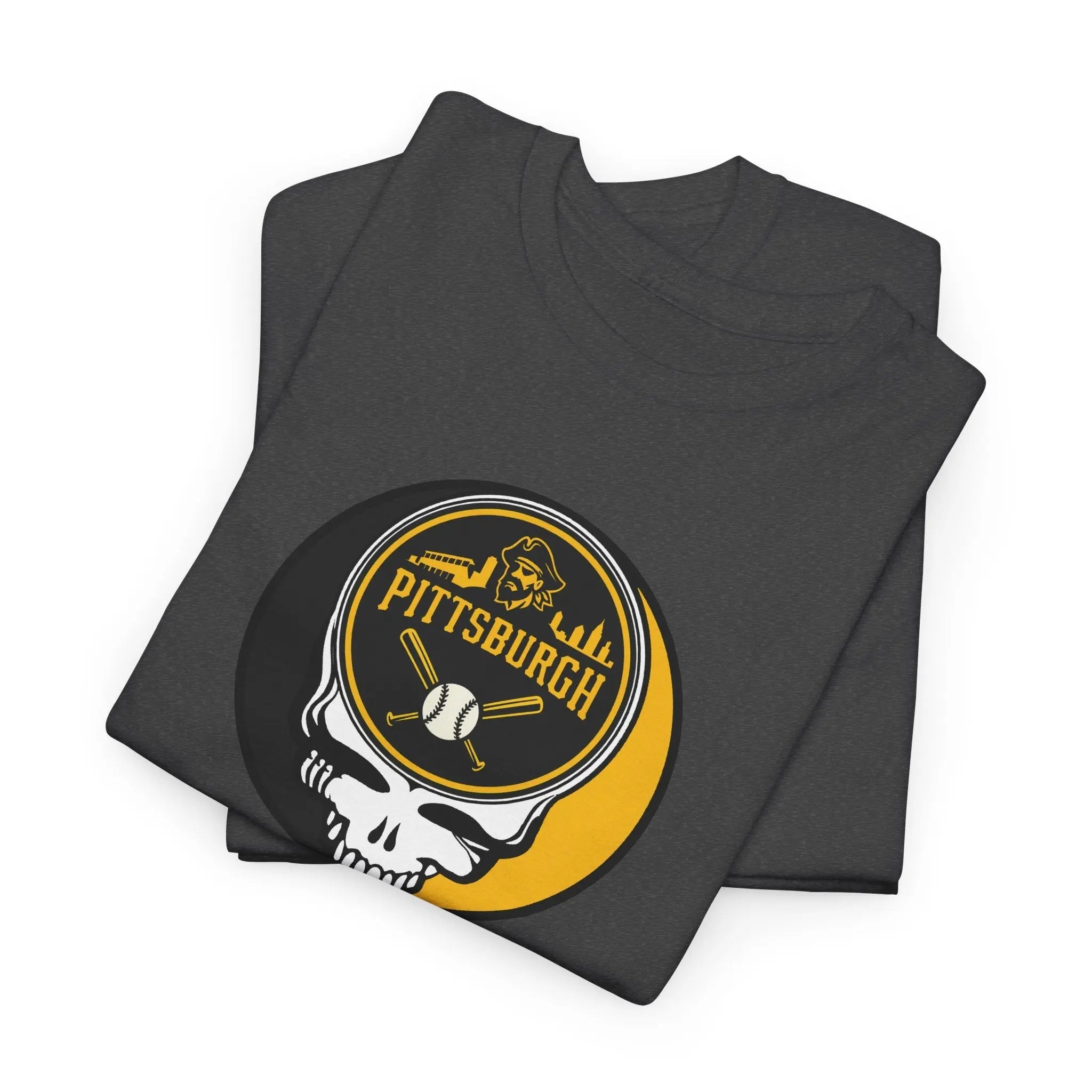 Dark heather T-shirt with Pittsburgh logo skull baseball graphic