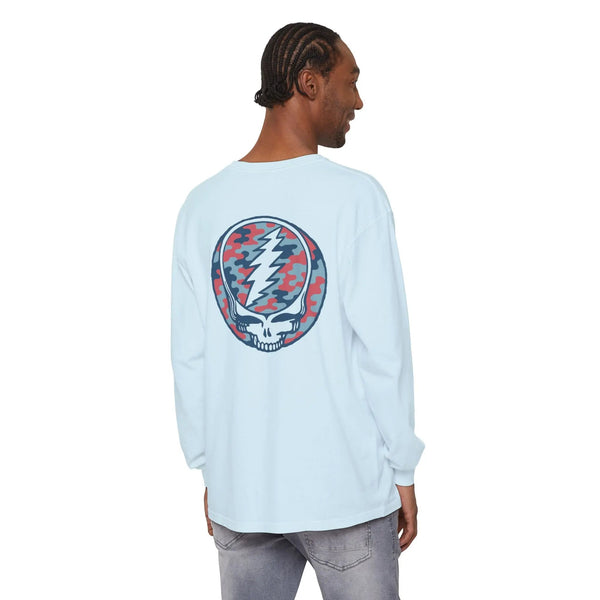 Light blue long-sleeve T-shirt with large red-and-blue skull graphic on the back