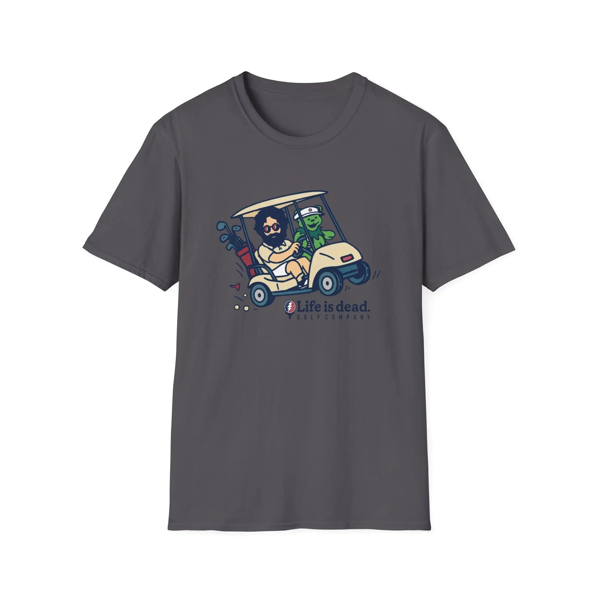 Charcoal graphic T-shirt with golf-cart cartoon and “Life is dead” logo on chest