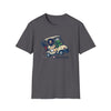 Charcoal graphic T-shirt with golf-cart cartoon and “Life is dead” logo on chest