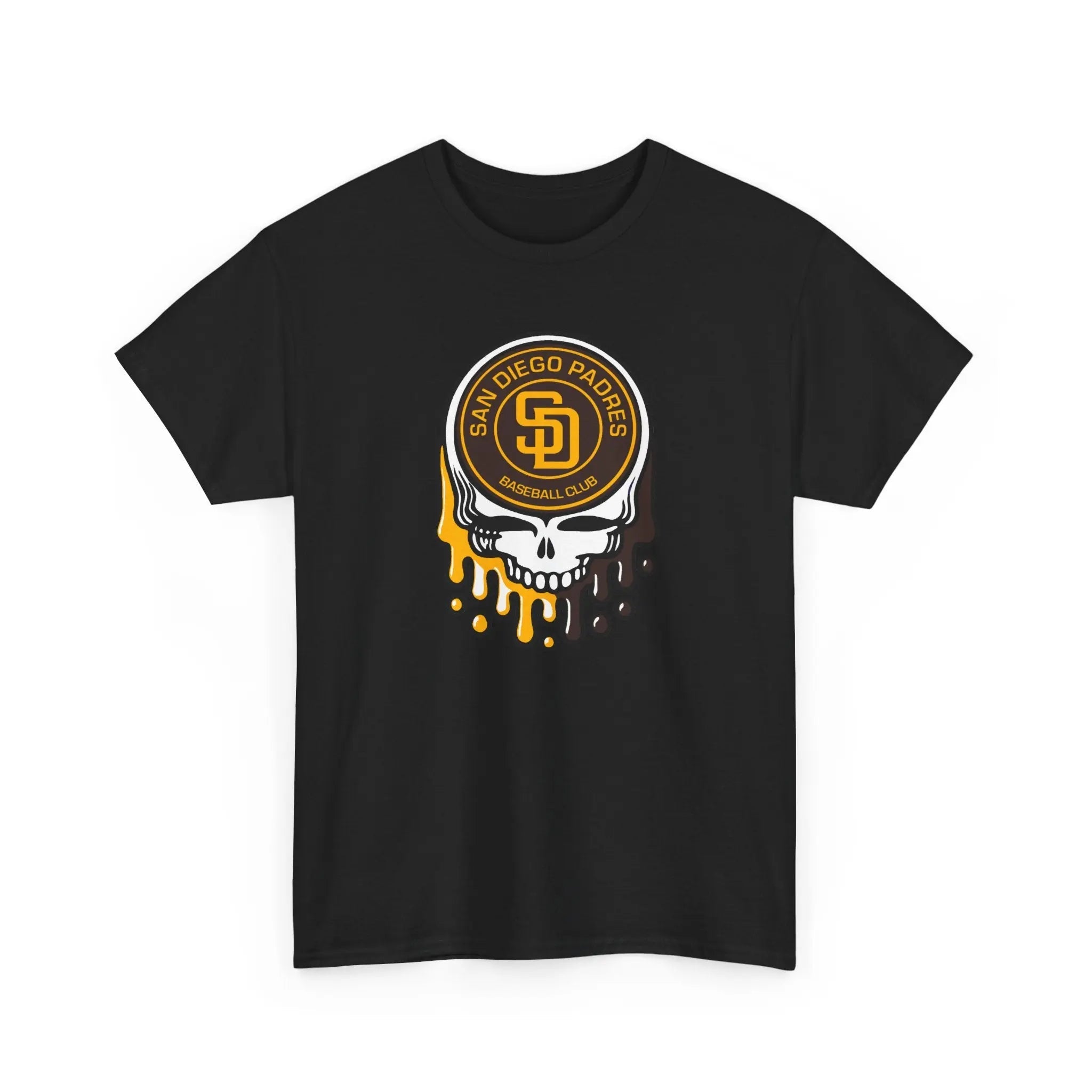 Black San Diego Padres logo graphic T-shirt with dripping skull chest print