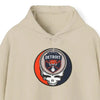 Sand beige pullover hoodie with Detroit logo graphic and kangaroo pocket