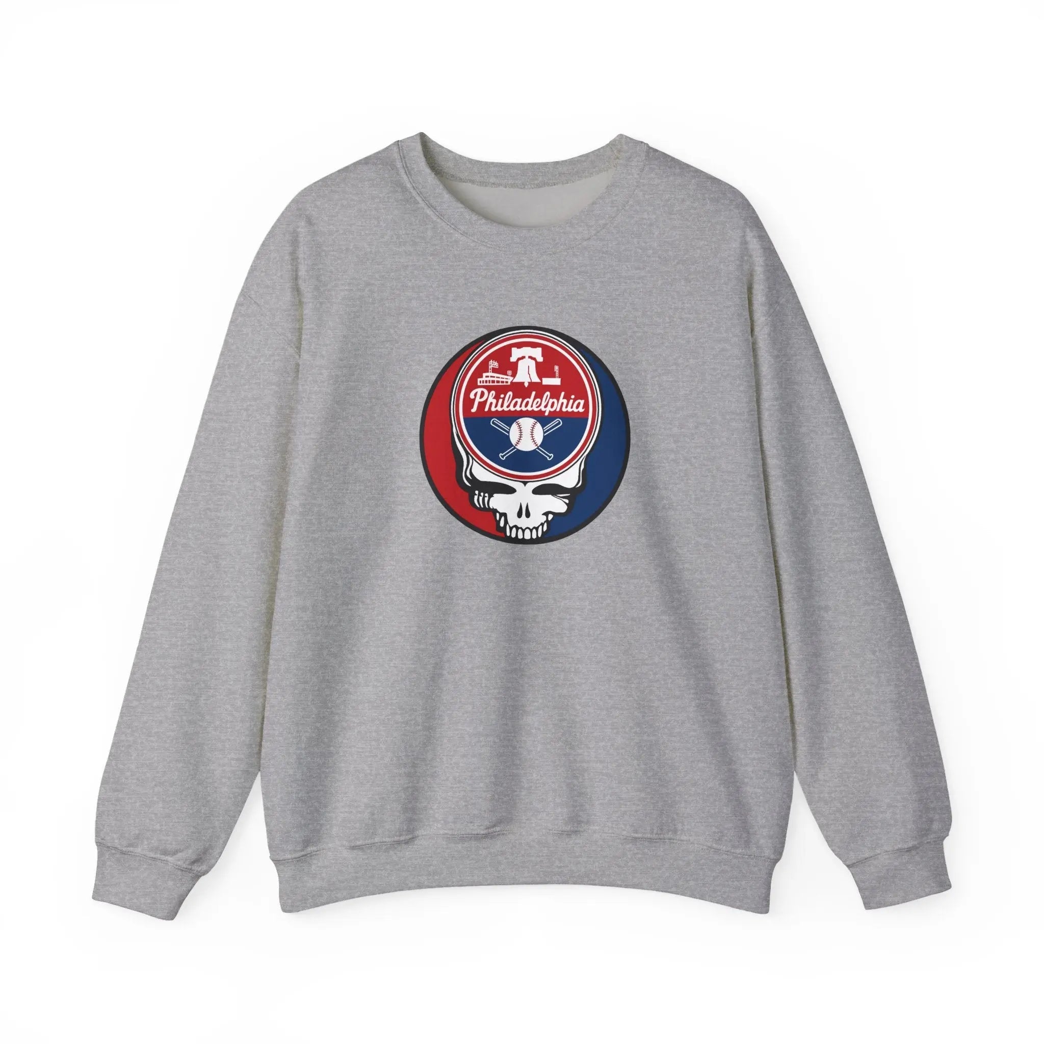 Sport gray crewneck sweatshirt with front circular Stealie skull emblem